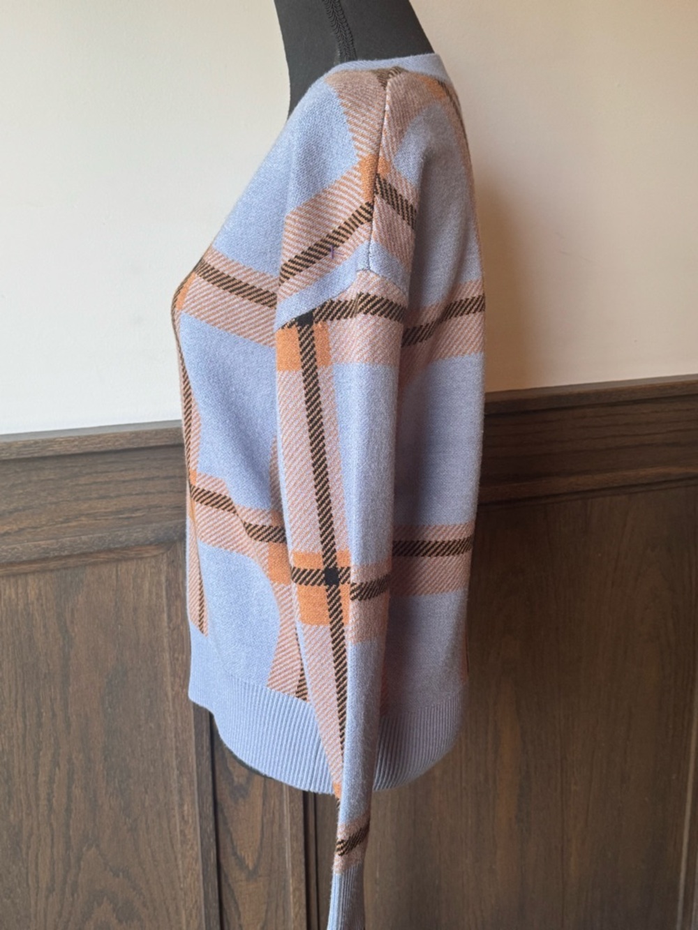 Max Studio Light Blue Plaid V-Neck Sweater with Tan and Black Accents small EUC - Picture 3 of 8
